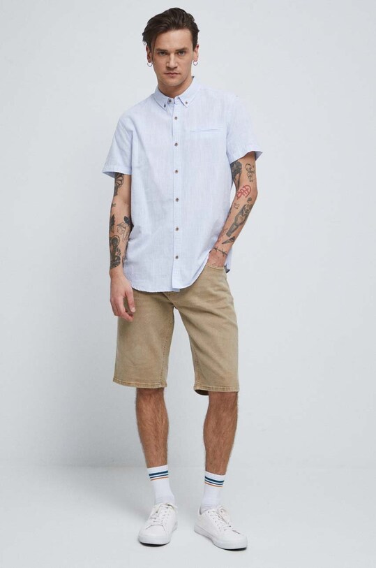 Odzież Koszula lniana męska z kołnierzykiem button-down kolor niebieski RS23.KKM070 niebieski