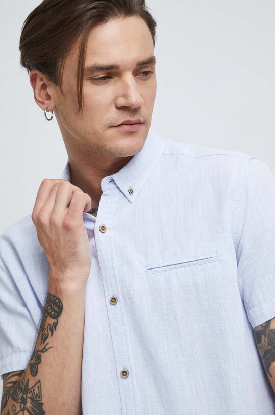 Koszula lniana męska z kołnierzykiem button-down kolor niebieski RS23.KKM070 niebieski
