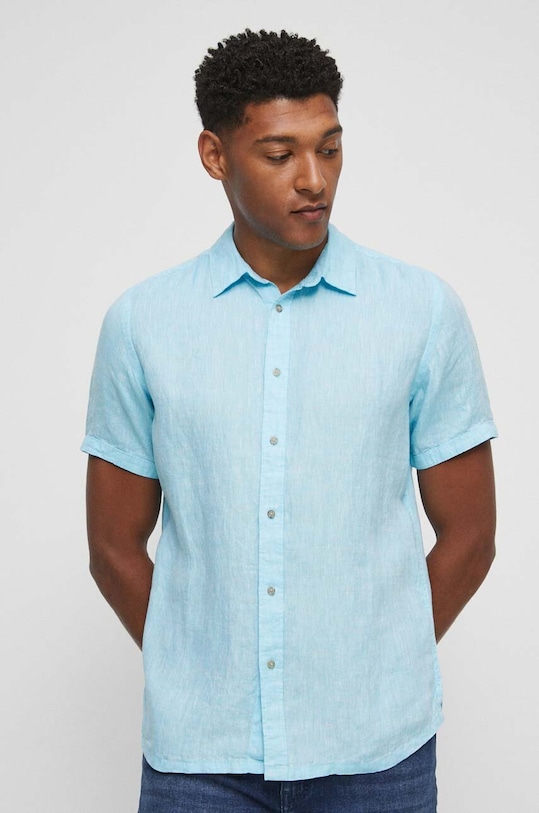 Koszula lniana męska z kołnierzykiem klasycznym kolor turkusowy regular turkusowy RS23.KKMB01