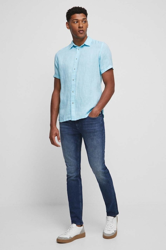 Odzież Koszula lniana męska z kołnierzykiem klasycznym kolor turkusowy RS23.KKMB01 turkusowy