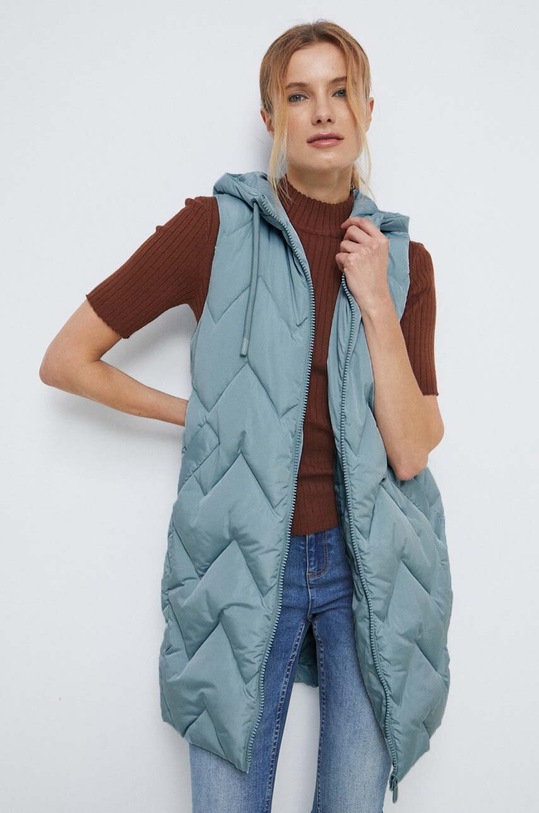 Kamizelka damska ocieplana kolor jasnoniebieski z kapturem turkusowy RS23.KMD200