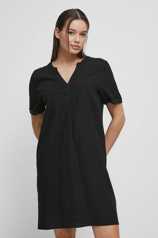 Sukienka z domieszką lnu damska kolor czarny RS23.SUD092 czarny RS23
