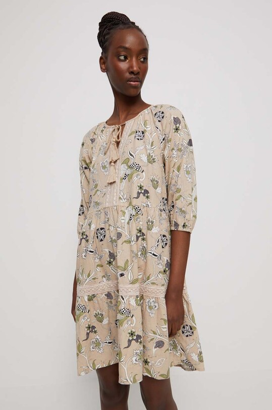 Sukienka lniana damska wzorzysta kolor beżowy rozkloszowany beżowy RS23.SUD807