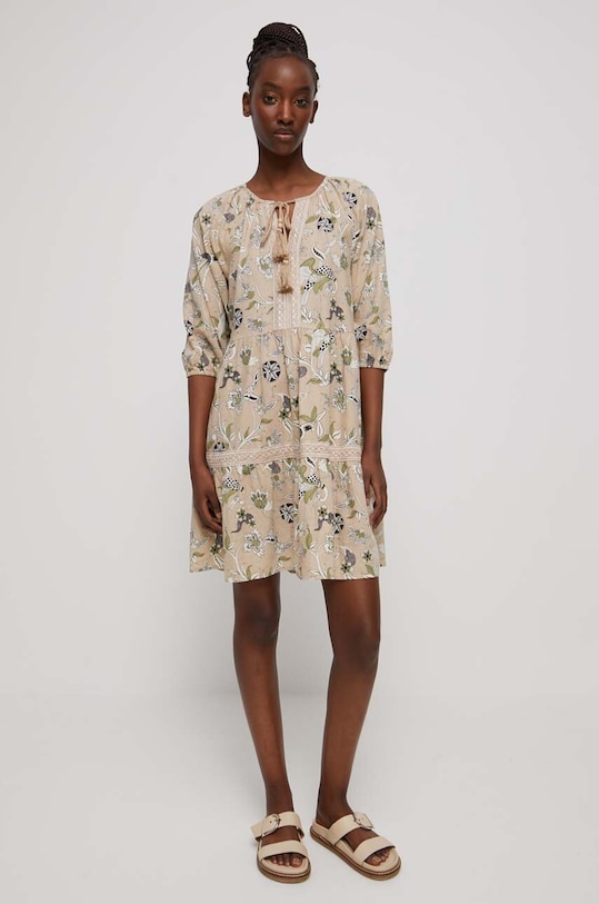 Sukienka lniana damska wzorzysta kolor beżowy RS23.SUD807 beżowy RS23