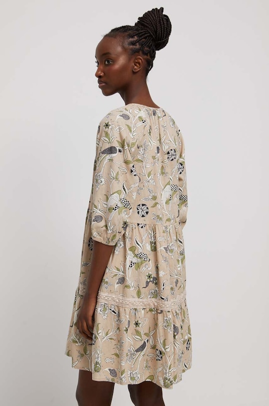 Odzież Sukienka lniana damska wzorzysta kolor beżowy RS23.SUD807 beżowy