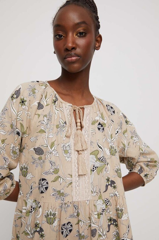 Sukienka lniana damska wzorzysta kolor beżowy beżowy RS23.SUD807