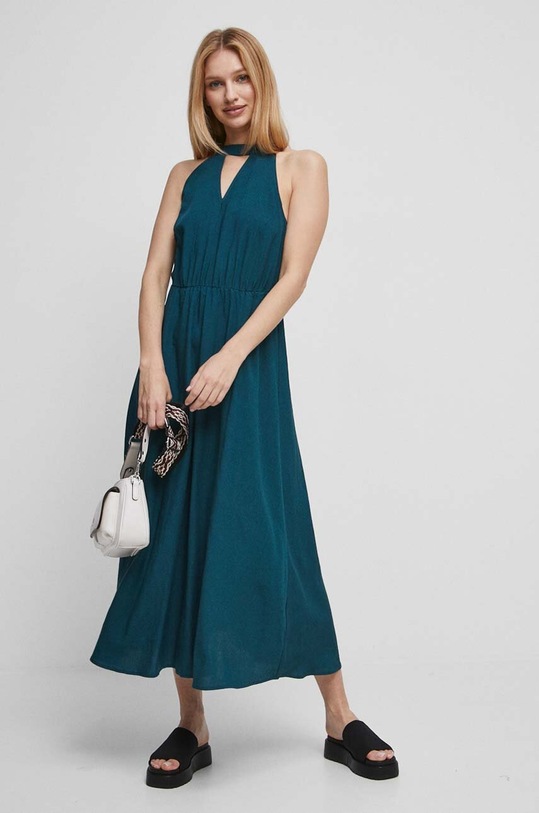 Sukienka z domieszką lnu damska gładka kolor turkusowy gładkie turkusowy RS23.SUDB05