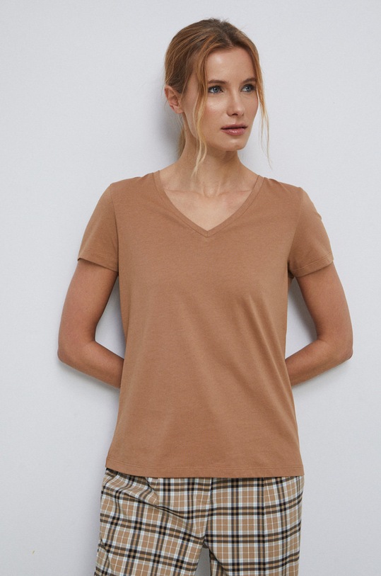 T-shirt bawełniany damski gładki kolor beżowy gładkie beżowy RS23.TSD013