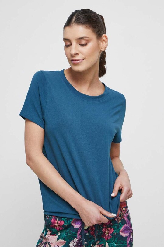 T-shirt bawełniany damski gładki z domieszką elastanu kolor turkusowy gładkie turkusowy RS23.TSD020