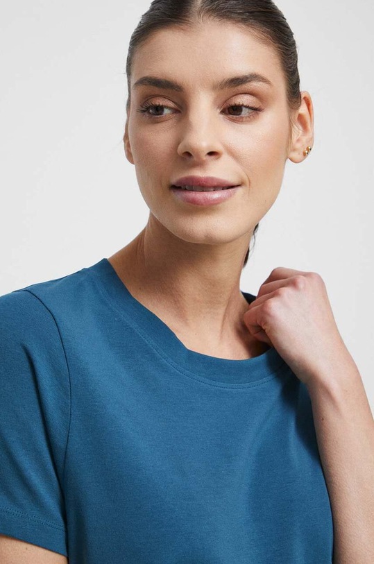 T-shirt bawełniany damski gładki z domieszką elastanu kolor turkusowy turkusowy RS23.TSD020