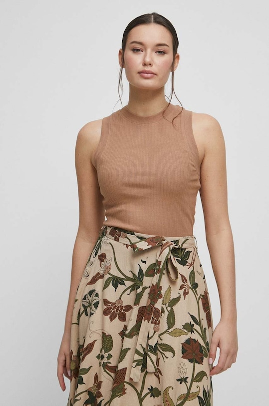 Top bawełniany damski prążkowany z domieszką elastanu kolor beżowy gładkie beżowy RS23.TSD061