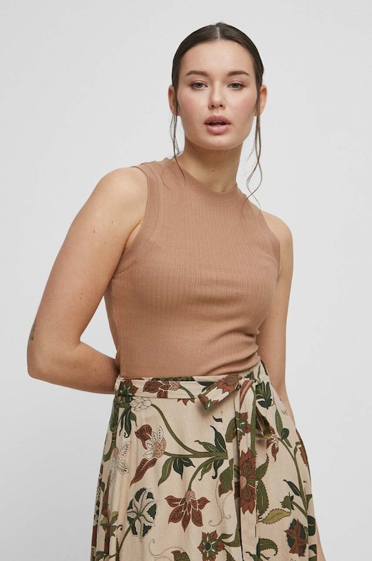 Top bawełniany damski prążkowany z domieszką elastanu kolor beżowy beżowy RS23.TSD061