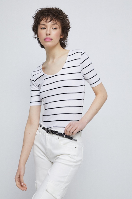 T-shirt bawełniany damski prążkowany z domieszką elastanu kolor biały wzorzyste biały RS23.TSD074