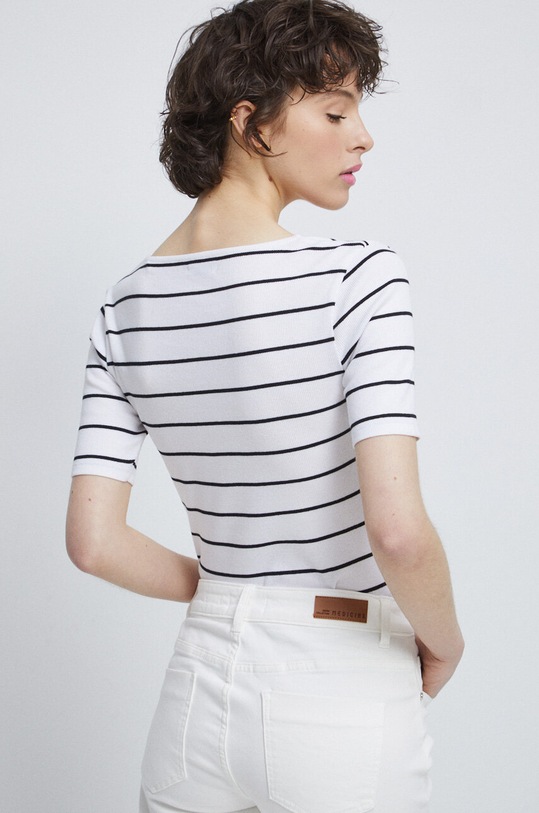 Odzież T-shirt bawełniany damski prążkowany z domieszką elastanu kolor biały RS23.TSD074 biały