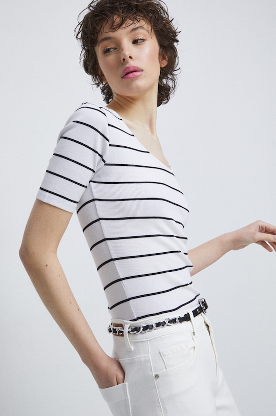 T-shirt bawełniany damski prążkowany z domieszką elastanu kolor biały biały RS23.TSD074
