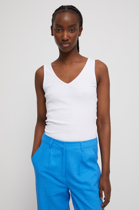 Top bawełniany damski prążkowany z domieszką elastanu kolor biały z elastanem biały RS23.TSD082