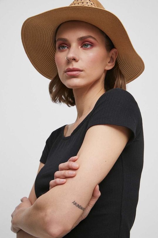 T-shirt bawełniany damskie prążkowany z domieszką elastanu kolor czarny czarny RS23.TSD0C0