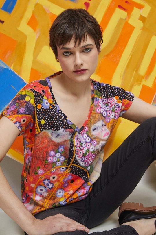 T-shirt bawełniany damski Eviva L'arte kolor pomarańczowy wzorzyste pomarańczowy RS23.TSD257