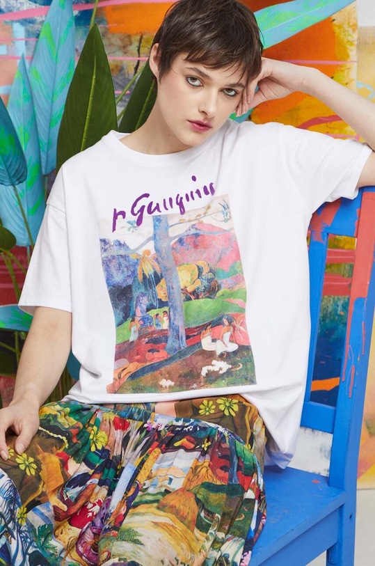 T-shirt bawełniany damski z domieszką elastanu Eviva L'arte kolor biały okrągły biały RS23.TSD262