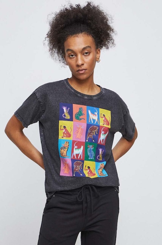 T-shirt bawełniany z kolekcji Koty kolor szary okrągły szary RS23.TSD356