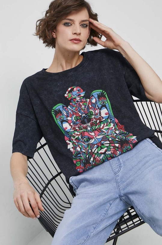 T-shirt bawełniany damski z nadrukiem kolor szary okrągły szary RS23.TSD402