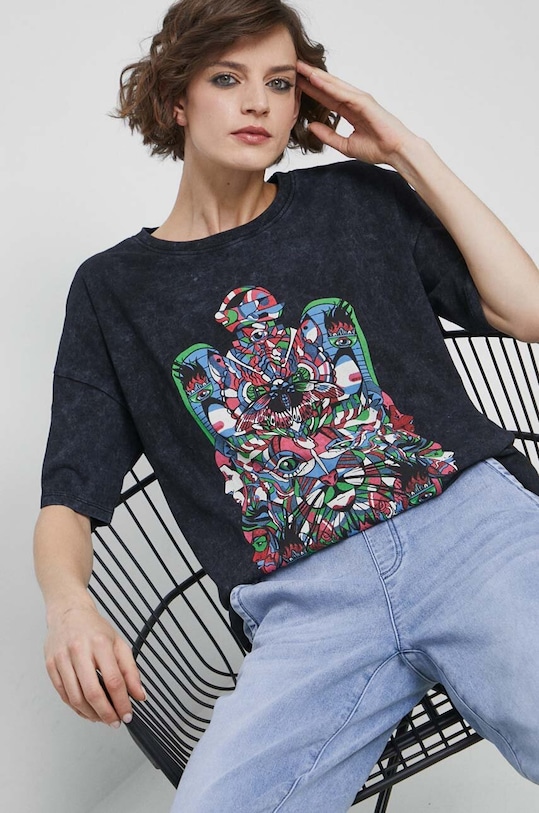 Bavlnené tričko dámske šedá farba potlač sivá RS23.TSD402