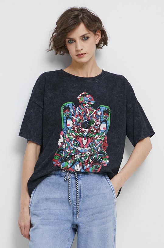 T-shirt bawełniany damski z nadrukiem kolor szary szary RS23.TSD402