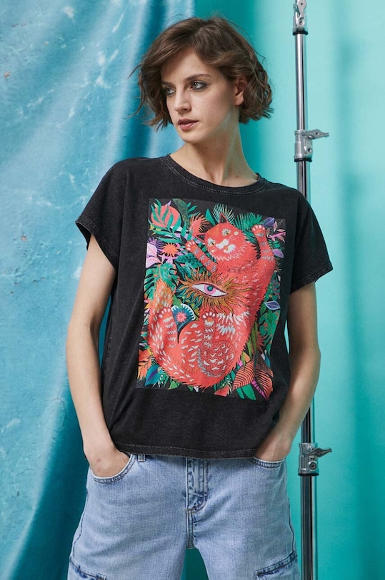 T-shirt bawełniany damski Medicine Artists kolor czarny okrągły czarny RS23.TSD455