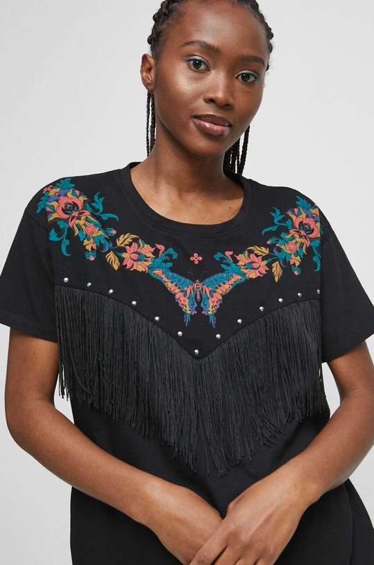 T-shirt bawełniany damski z ozdobną aplikacją kolor czarny okrągły czarny RS23.TSD601