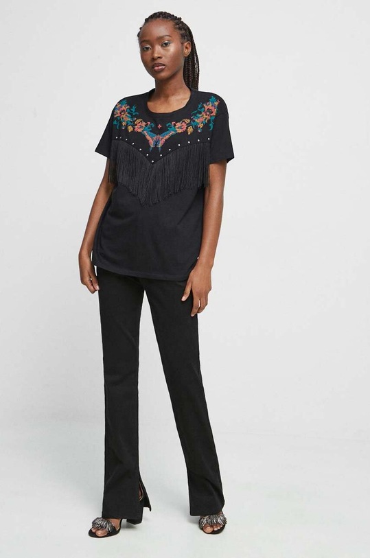 T-shirt bawełniany damski z ozdobną aplikacją kolor czarny RS23.TSD601 czarny RS23