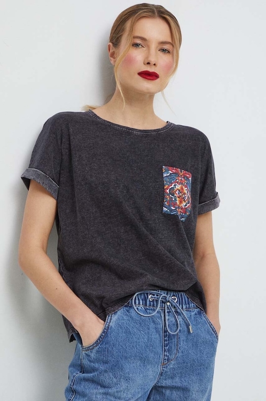 T-shirt bawełniany damski z kieszonką kolor szary bawełna szary RS23.TSD606