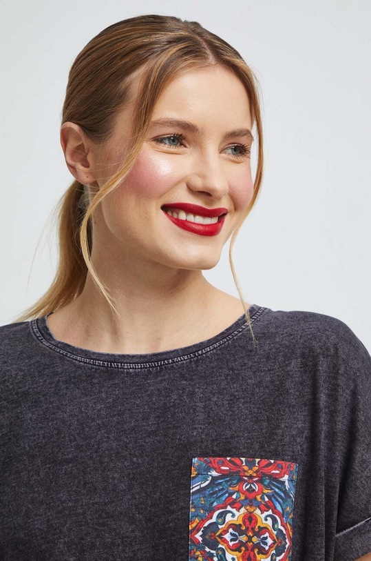 T-shirt bawełniany damski z kieszonką kolor szary szary RS23.TSD606