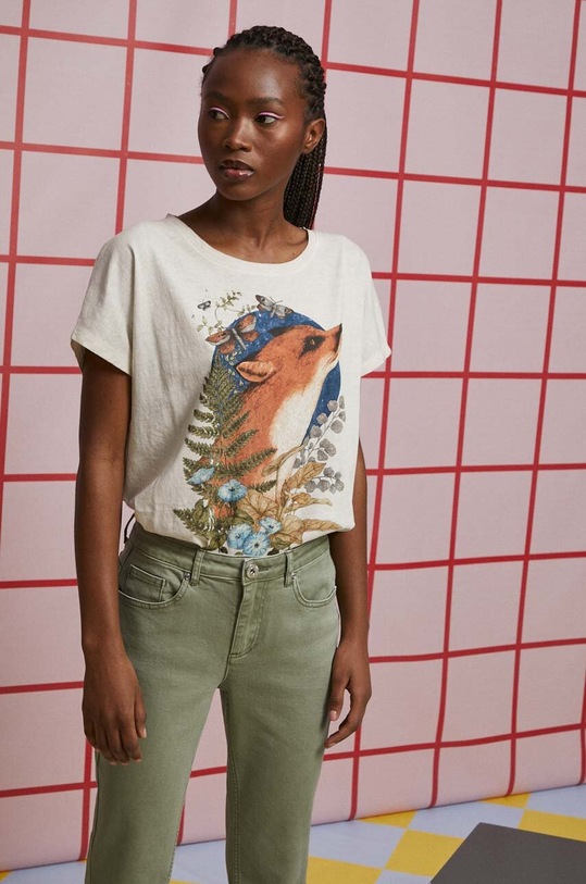 T-shirt bawełniany damski by Baju Maluje, Grafika Polska, kolor beżowy okrągły beżowy RS23.TSD658