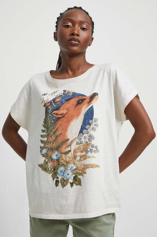 T-shirt bawełniany damski by Baju Maluje, Grafika Polska, kolor beżowy beżowy RS23.TSD658