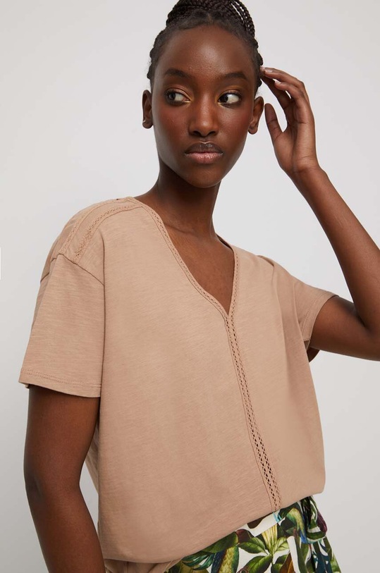 T-shirt bawełniany gładki kolor beżowy gładkie beżowy RS23.TSD800