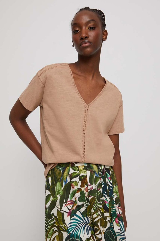 T-shirt bawełniany gładki kolor beżowy beżowy RS23.TSD800