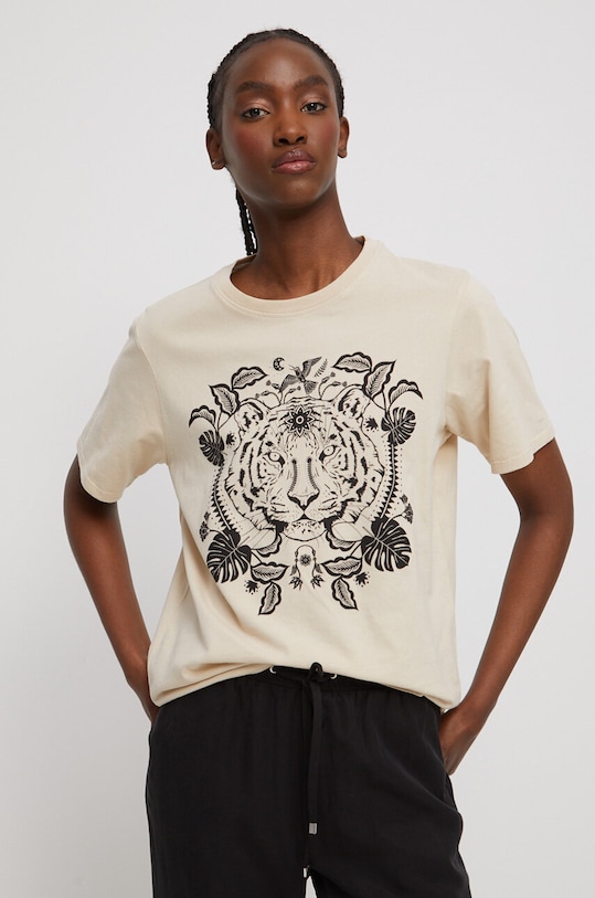 T-shirt bawełniany damski z nadrukiem kolor beżowy okrągły beżowy RS23.TSD807