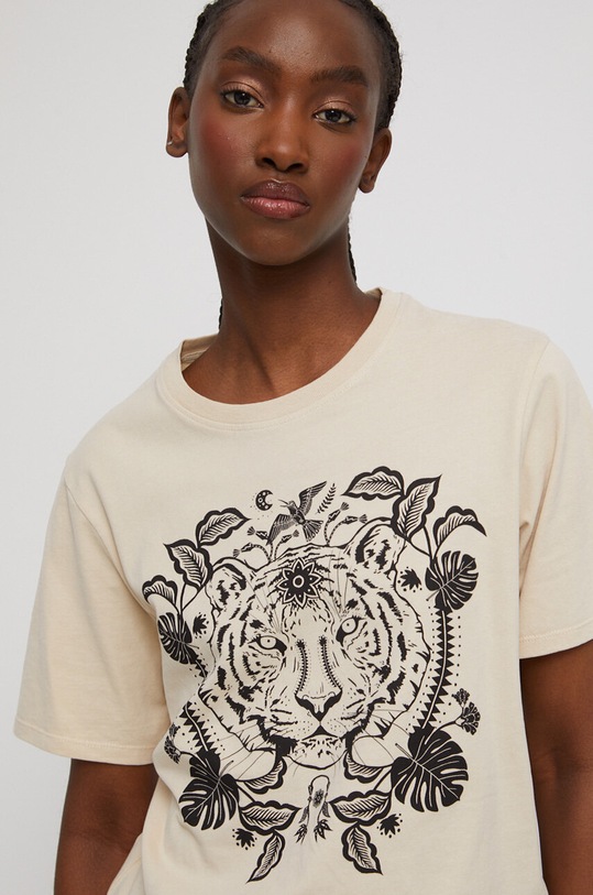 T-shirt bawełniany damski z nadrukiem kolor beżowy beżowy RS23.TSD807