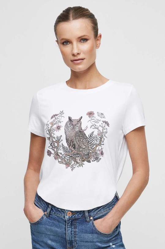 T-shirt bawełniany damski z nadrukiem z domieszką elastanu kolor biały okrągły biały RS23.TSD861
