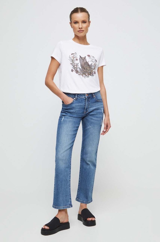 T-shirt bawełniany damski z nadrukiem z domieszką elastanu kolor biały RS23.TSD861 biały RS23