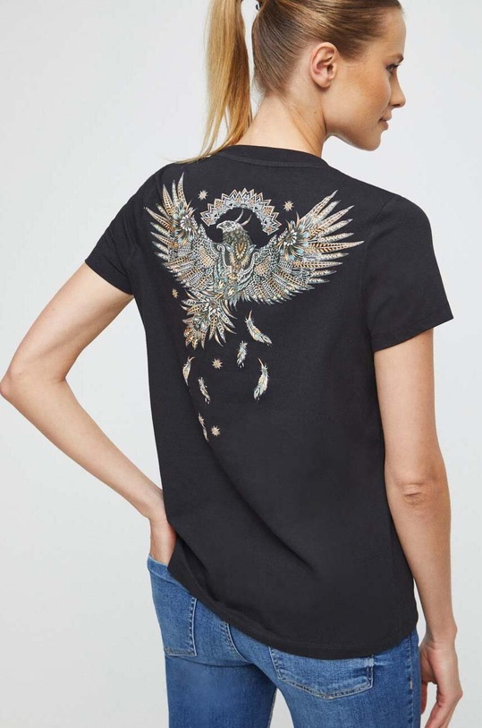 T-shirt bawełniany damski z nadrukiem z domieszką elastanu kolor czarny okrągły czarny RS23.TSD863