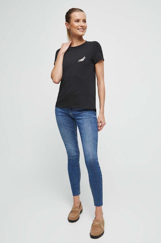 T-shirt bawełniany damski z nadrukiem z domieszką elastanu kolor czarny RS23.TSD863 czarny RS23