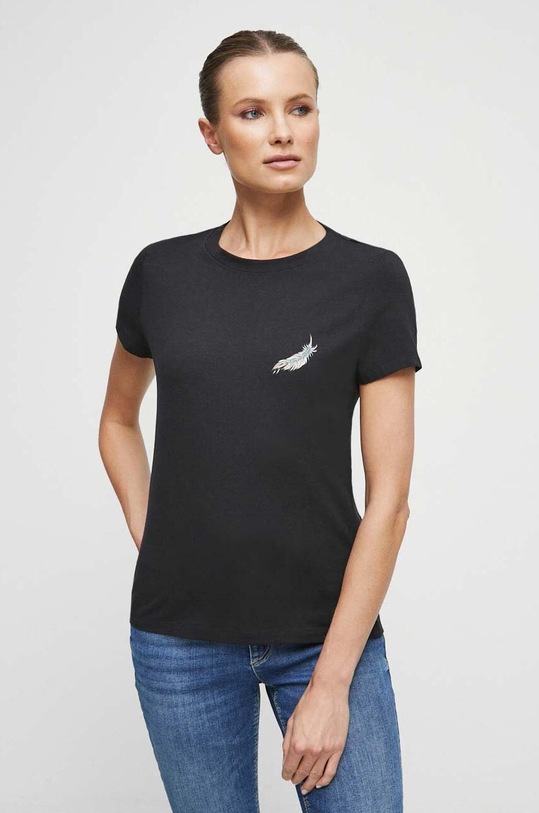 Odzież T-shirt bawełniany damski z nadrukiem z domieszką elastanu kolor czarny RS23.TSD863 czarny
