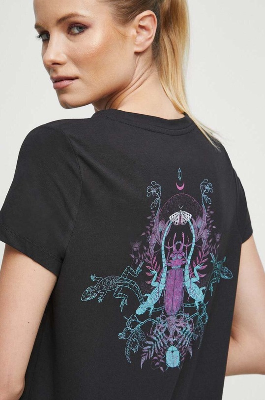 T-shirt bawełniany damski z nadrukiem z domieszką elastanu kolor czarny okrągły czarny RS23.TSD866