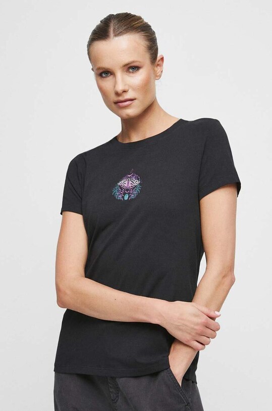 Odzież T-shirt bawełniany damski z nadrukiem z domieszką elastanu kolor czarny RS23.TSD866 czarny