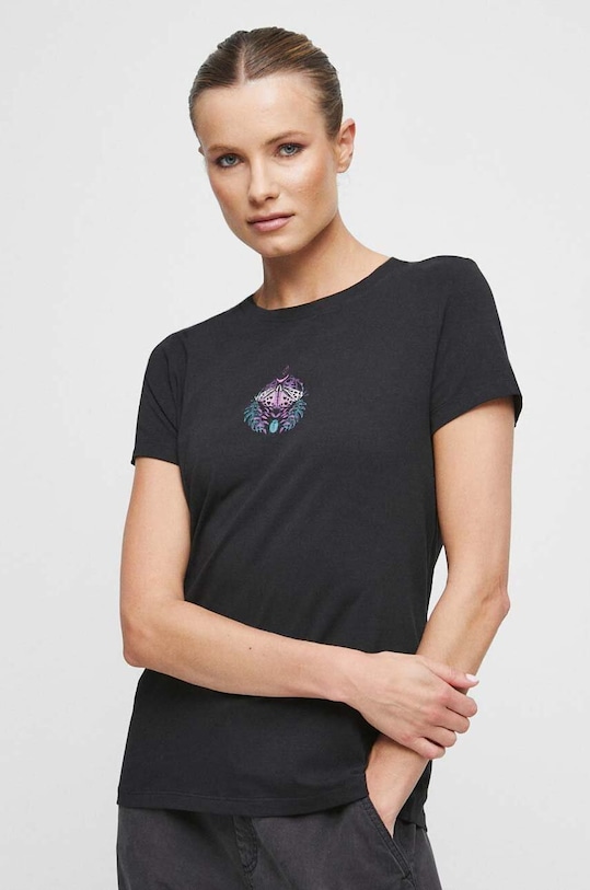 Odzież T-shirt bawełniany damski z nadrukiem z domieszką elastanu kolor czarny RS23.TSD866 czarny