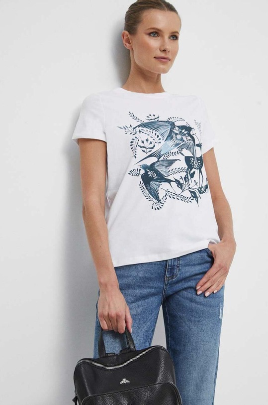 T-shirt bawełniany damski z nadrukiem z domieszką elastanu kolor biały okrągły biały RS23.TSD868