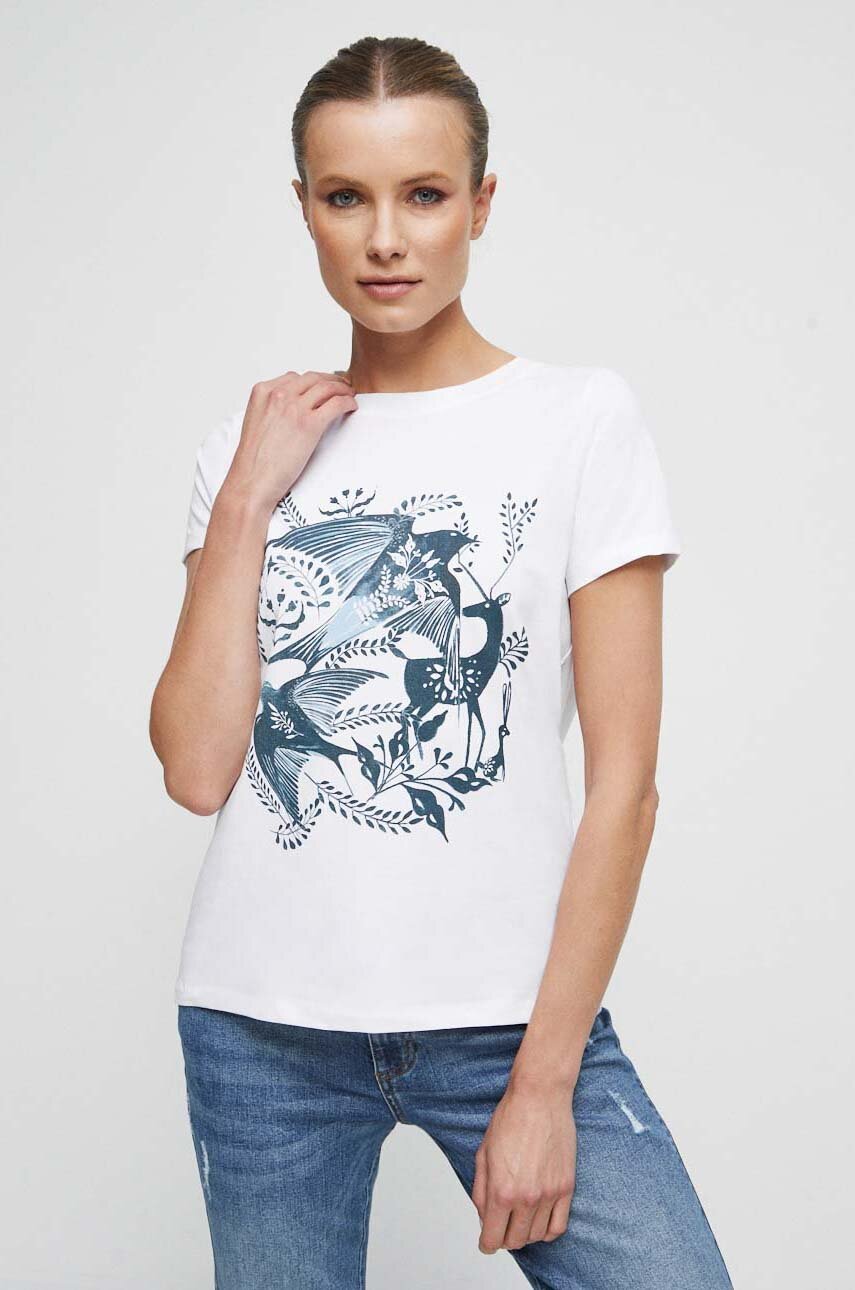 T-shirt bawełniany damski z nadrukiem z domieszką elastanu kolor biały biały RS23.TSD868