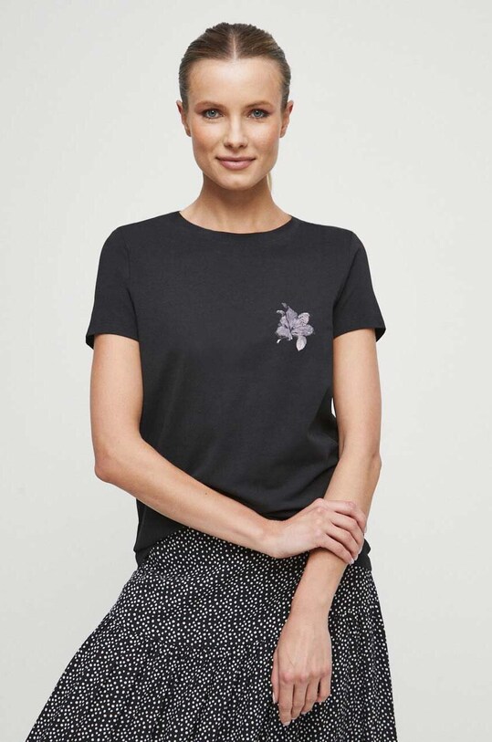 T-shirt bawełniany damski z nadrukiem z domieszką elastanu kolor czarny okrągły czarny RS23.TSD870