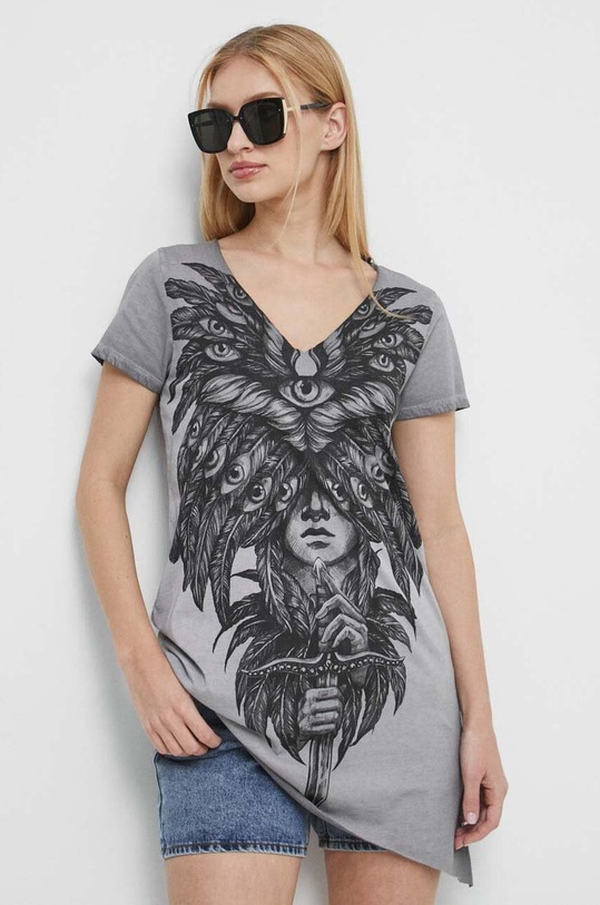 T-shirt bawełniany damski Tattoo Art by Natalia Osipa - Czornaja Ink, kolor szary szary RS23.TSDA51